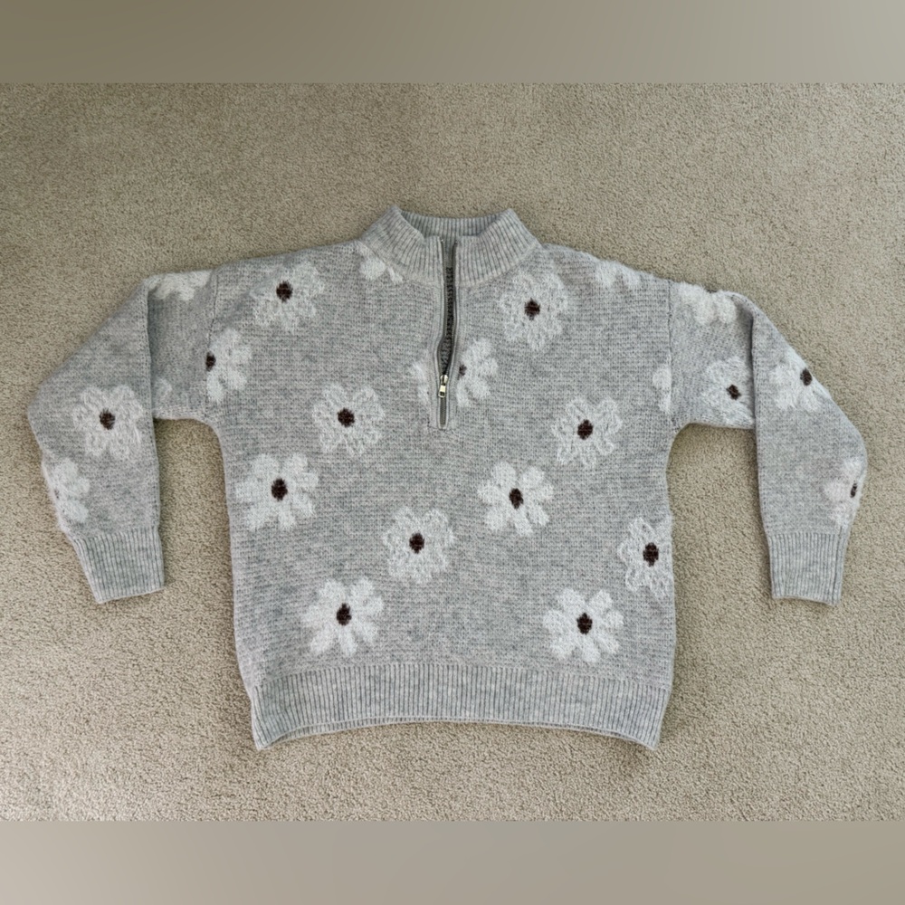 SHEIN Gray Floral Half-Zip Sweater